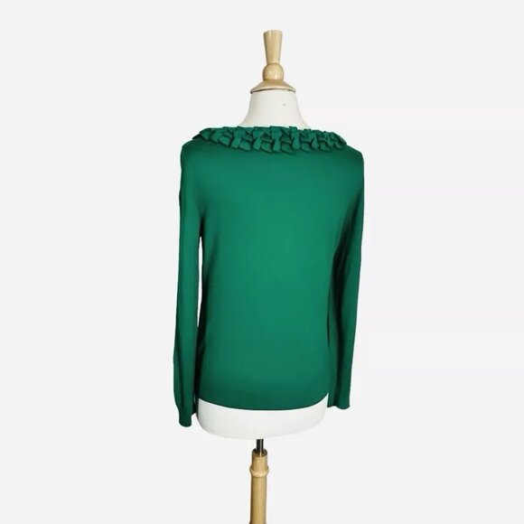 Talbots Silk Blend Sweater Petites L Kelly Green Rolled Ruffle Thin Knit - Picture 3 of 7